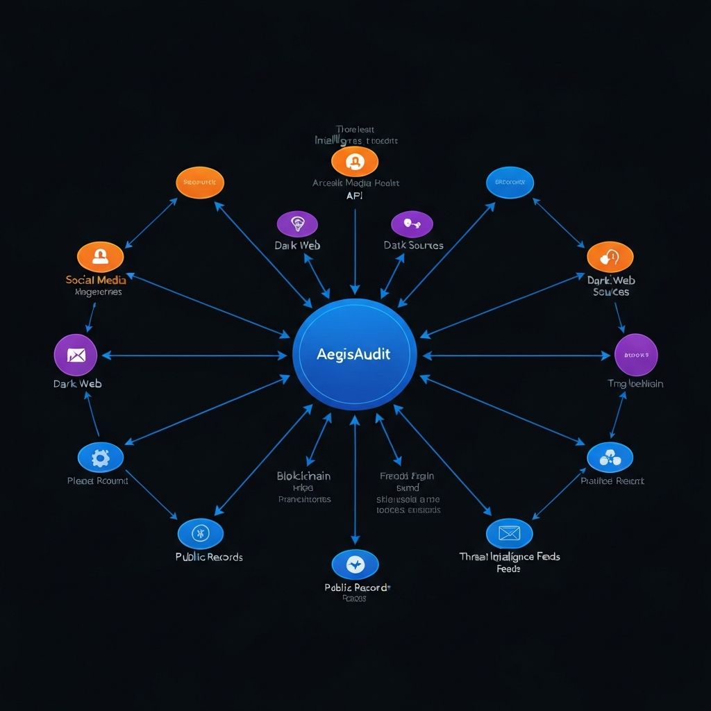 Data Sources Integration showing AegisAudit as central hub connecting to 150+ intelligence sources